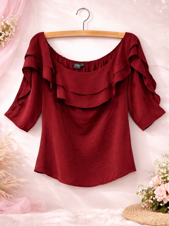 Soho Jeans Tops - L- Women's Ruffle Top - Red/Wine
